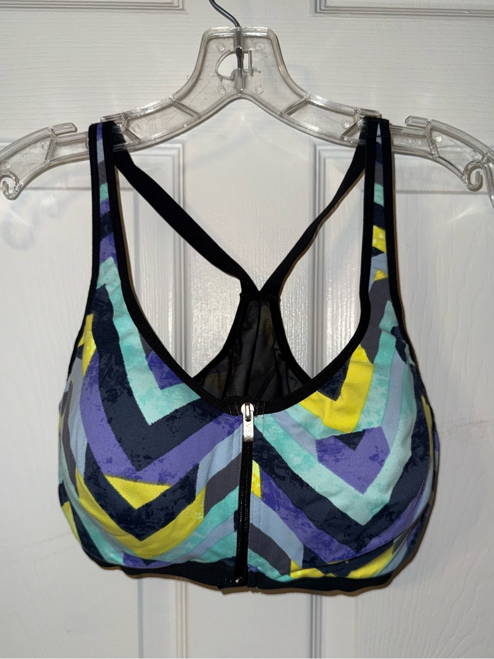 VSX Front-Zip Sports Bra in Navy, Teal, Purple & Yellow Chevron